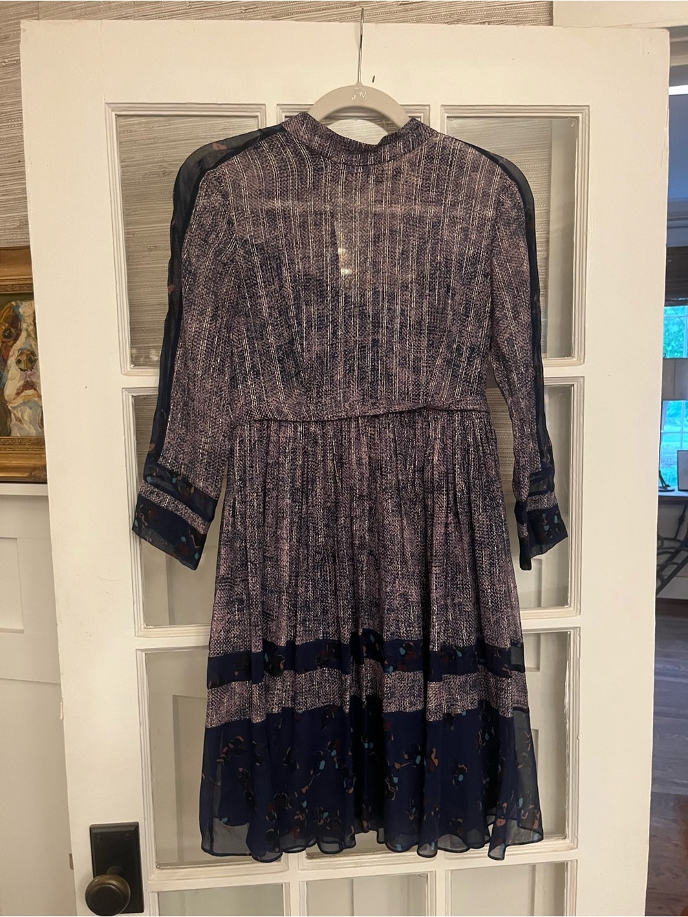 Rebecca Taylor Navy and Lavender Printed Long Sleeve Midi Dress Sz 0